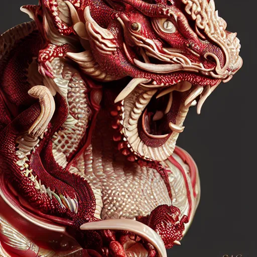 Image similar to a closeup photo, rococo alabaster and ruby real delicate ceramic porcelain sculpture of an ornate detailed dragon god in front of an intricate background by rafael, micro detail, backlit lighting, subsurface scattering, translucent, thin porcelain, fire, flames, amber, octane renderer, colorful, physically based rendering, trending on cgsociety