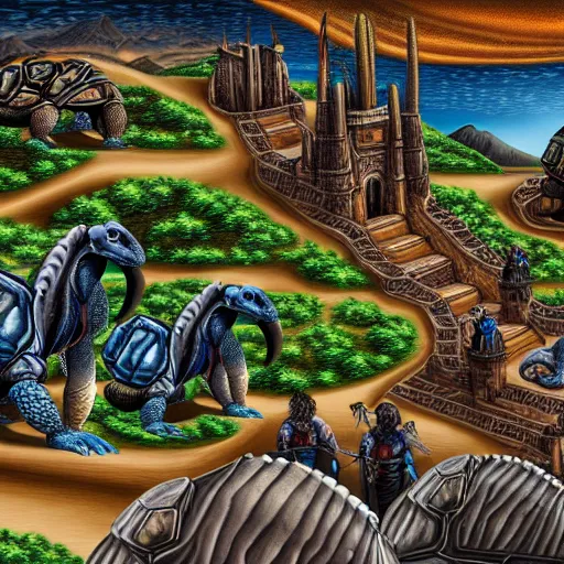 Image similar to Large Fantasy City riding on the back of a Giant tortoise stomping through the hot sunny desert, High detail, Dungeons and Dragons, Focus on giant tortoise, 4k