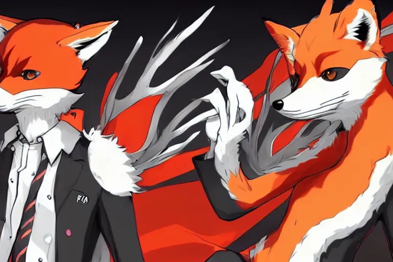 Image similar to a furry tan male fox on a persona 5 : royal ( by atlus ) video game splash screen, a furry male sandcolored tan fox fursona ( has hair ), persona 5 phantom thief style