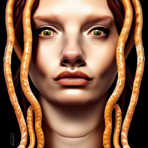 Prompt: portrait of medusa with long thin sausages instead of snakes, sausage hair, photorealistic, illustration, intricate details, masterpiece, digital art, trending on artstation