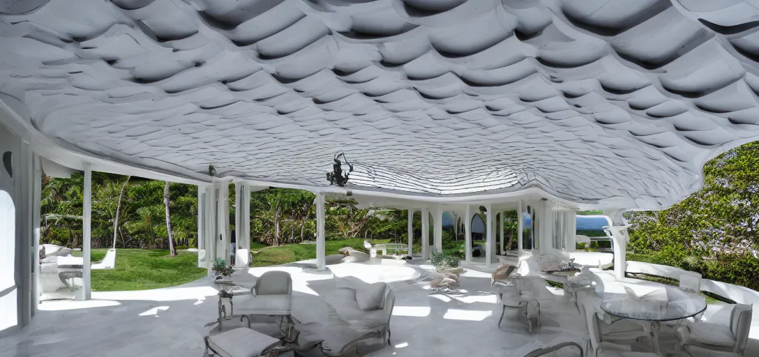 Prompt: curved roof planes lift and descend creating shade and architectural expression, highly detailed, beach house, marble, vivid color, high resolution photography, mist, luxury house