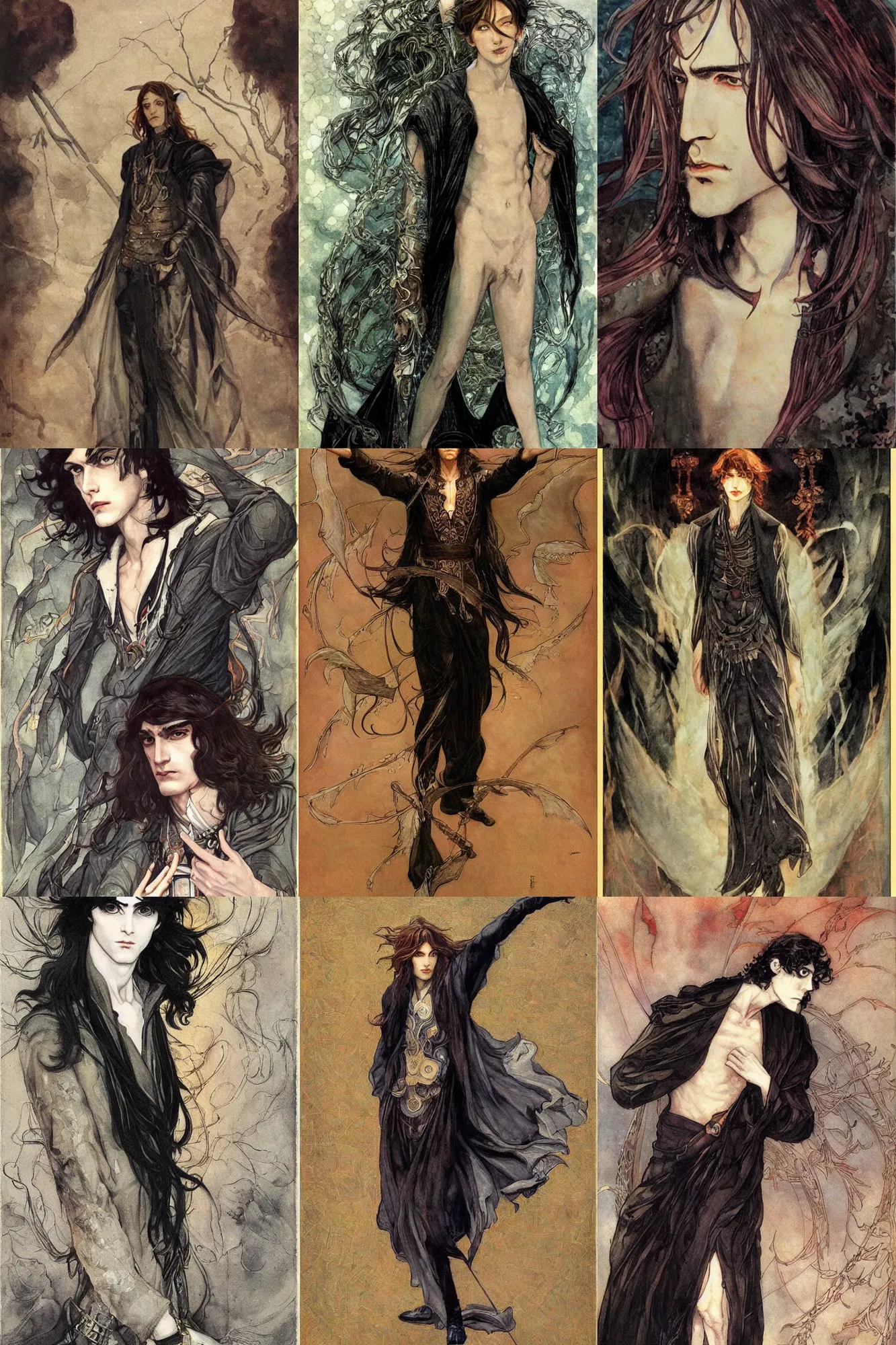 Prompt: thin male mage with long dark hair, 1 9 2 0 s fashion, fantasy, art by ayami kojima, vasnetsov, cedric peyravernay