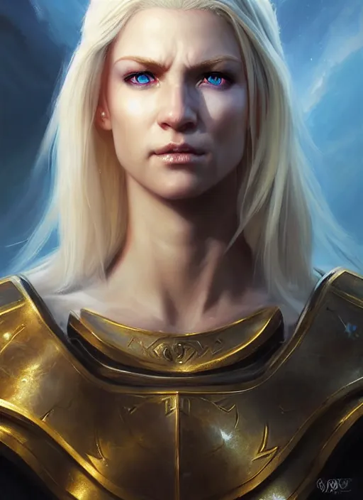 Image similar to a _ fantasy _ style _ portrait _ painting _ of friendly white female paladin with blonde hair and blue eyes,, scar under left eye, holy oil _ painting _ unreal _ 5 _ daz. _ rpg _ portrait _ extremely _ detailed _ artgerm _ greg _ rutkowski _ greg