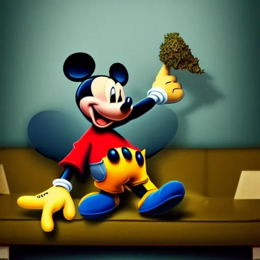 Image similar to mickey mouse holding a giant weed joint while sitting on a couch in a messed up apartment, stoned eyes, amazing digital art, amazing detail, artstation, award winning, sharp