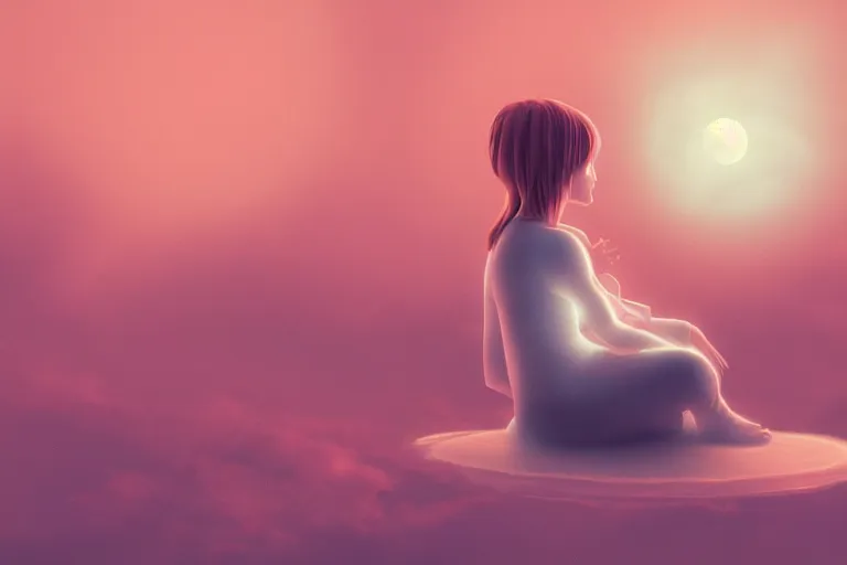 Image similar to a cute alien girl sitting on a cloud relaxing, misty, glows, digital art, hazy, foggy, red lighting, ambient lighting, 8 k,