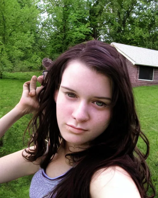 Prompt: cameraphone photo, 2007, photo of a 21-year-old Canadian woman in her yard, amateur photo, detailed face