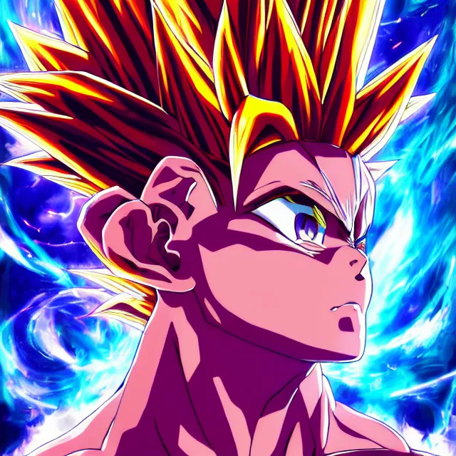 Image similar to aesthetic anime man goes super saiyan in the style of jojo's bizarre adventure, ultrafine hyperrealistic detailed face illustration by kim jung gi, irakli nadar, intricate linework, sharp focus, bright colors, matte, octopath traveler, final fantasy, unreal engine highly rendered, global illumination, radiant light, intricate rainbow environment