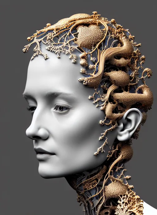 Image similar to complex 3d render ultra detailed of a beautiful porcelain translucent profile woman face, biomechanical ultradetailed cyborg, 150 mm, beautiful natural soft light, rim light, silver gold details, magnolia big leaves and stems, roots, fine foliage lace, maze like, mesh wire, ornate, intricate details, hyperrealistic, mandelbrot fractal, anatomical, red lips, white metal neocubism armor, facial muscles, cable wires, microchip, elegant, octane render, H.R. Giger style, 8k