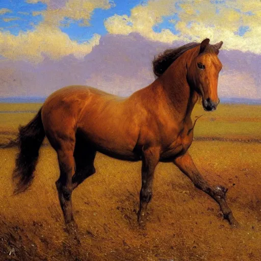 Prompt: detailed wide shot of horse in the field, spring light, painting by gaston bussiere, craig mullins, j. c. leyendecker