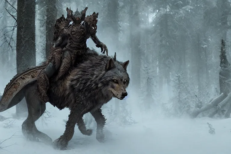 Image similar to vfx movie closeup detailed ancient armored warrior orc hunting riding large wolf in the forest, natural lighting by emmanuel lubezki