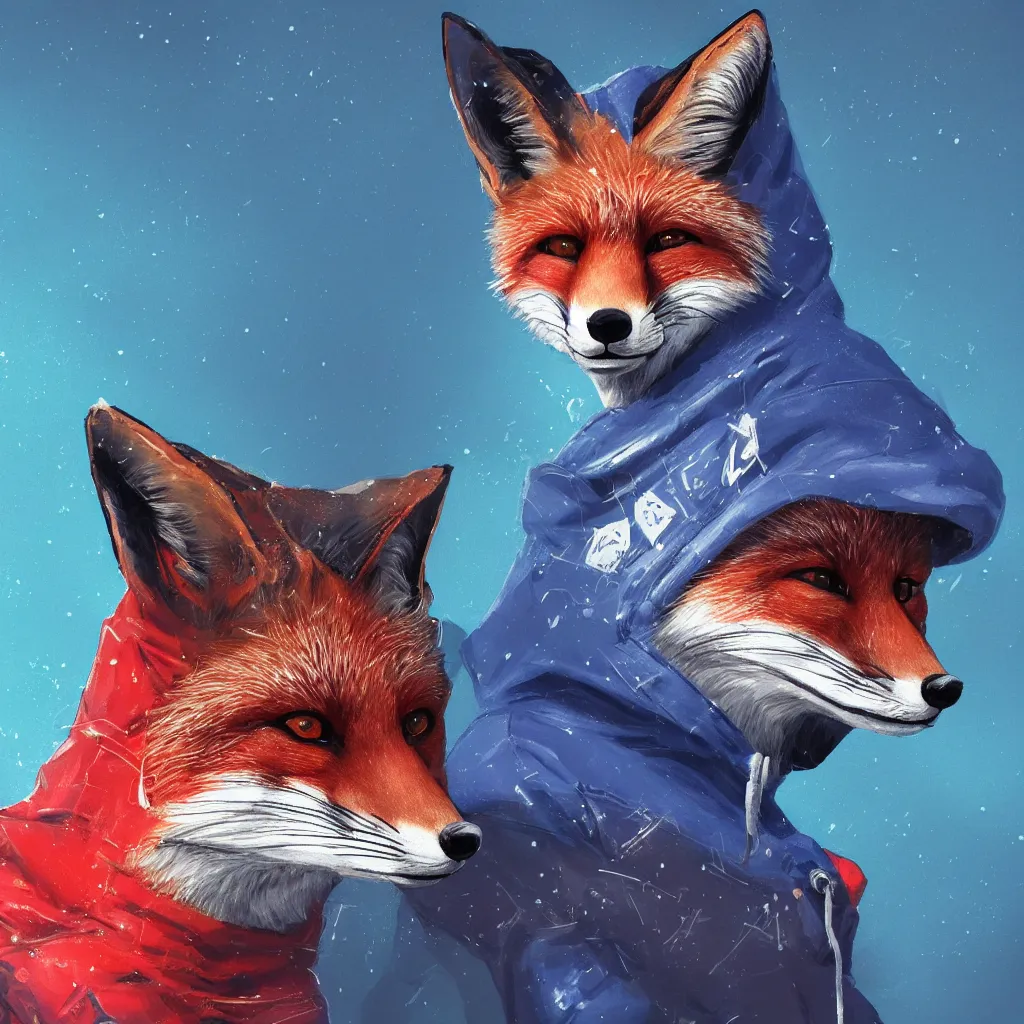 Image similar to a close-up profile shot of a red fox in a blue hoodie on the white background holding a notebook in one paw and typing with another paw, a hacker group badge on the hoodie sleeve, stroke painting, cyberpunk style, digital art picture, highly detailed, artstation