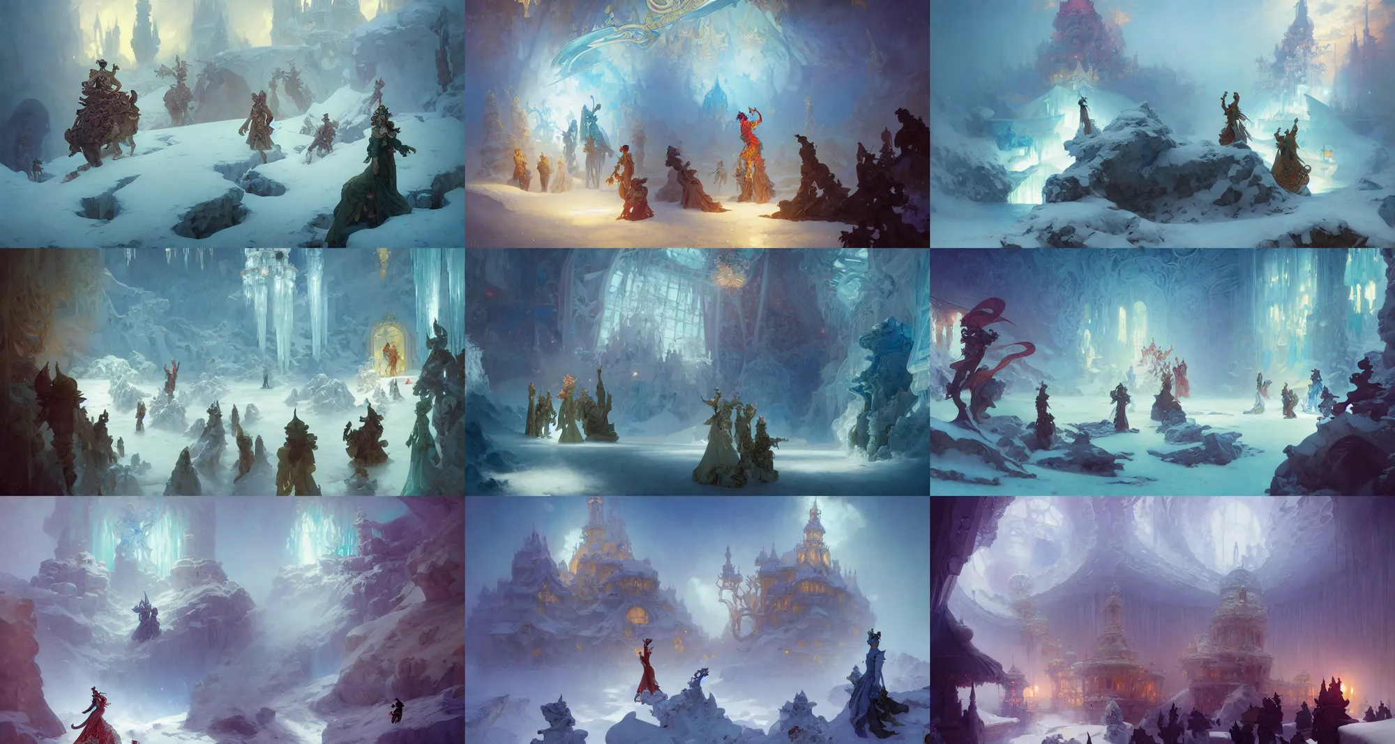 Prompt: ice palace, fantasy, art by joseph leyendecker, peter mohrbacher, ivan aivazovsky, ruan jia, reza afshar, marc simonetti, alphonse mucha