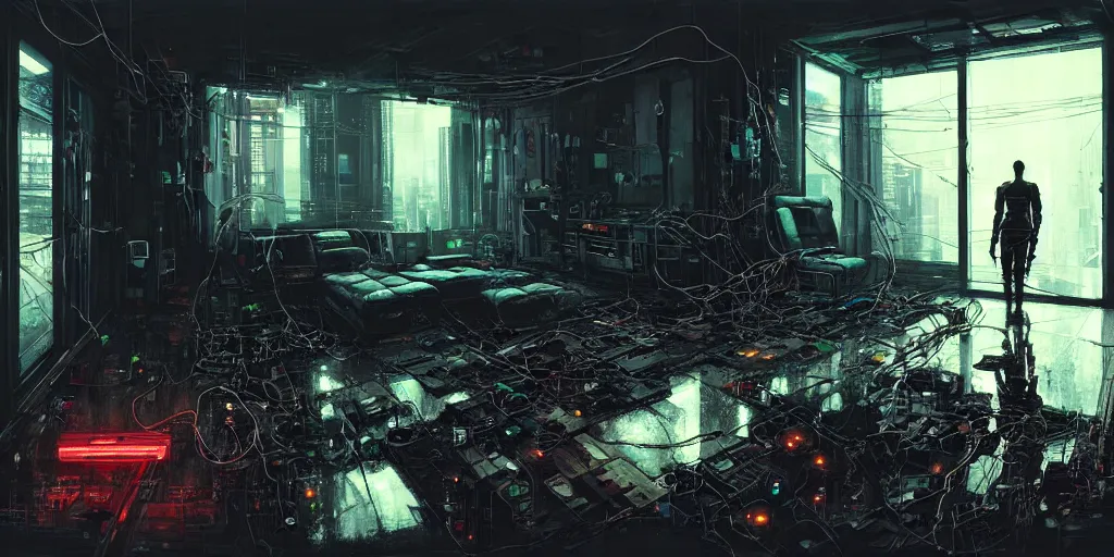 Prompt: a cyborg sitting on the floor, inside an old apartment, cybernetic parts and wires and cables scattered across the floor, dystopian aesthetics, cyberpunk, detailed oil painting, misty, ethereal, dramatic lighting, ominous, by ilya kuvshinov and ruan jia and jeremy mann