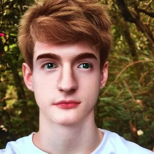 Image similar to “a realistic detailed photo of a guy who is an attractive humanoid who is half robot and half humanoid, who is a male android, twitch streamer Ninja Tyler Blevins, shiny skin, posing like a statue, blank stare, bedroom, close up”