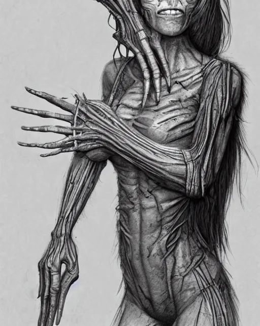 Prompt: a character portrait of a fully clothed female mutant dressed as a homeless person using her mutant powers in the style of h. r. giger / zdzisław beksinski / david cronenberg trending on artstation deviantart pinterest hyper detailed photorealistic highlights and shadow hd 8 k post - processing high resolution