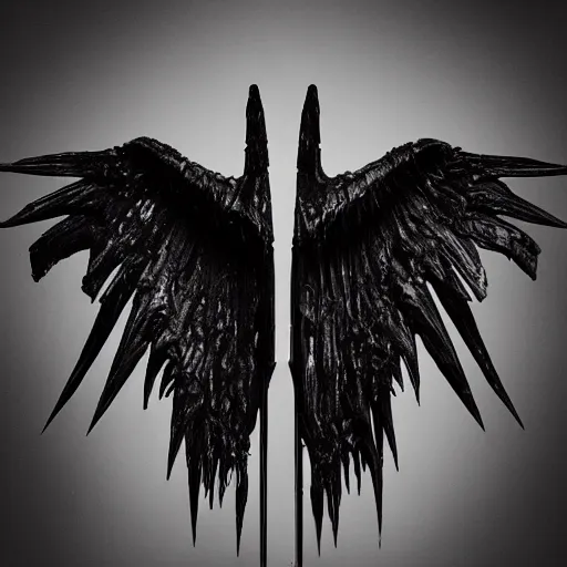 Prompt: “asymmetrical black metal wings made of glossy black liquid latex, brutalist, designed by rick owens and hr giger, asymmetrical composition, 8k hyperrealistic, hyper-detailed, highly textured, dark volumetric lighting, fine details, muted, octane render” — h 768 - n 9