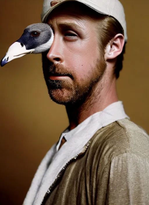 Prompt: ryan gosling fused with a goose, construction, natural light, bloom, detailed face, magazine, press, photo, steve mccurry, david lazar, canon, nikon, focus