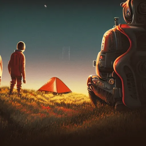 Prompt: highly detailed landscape with two boys camping with nuclear plant in the background 1 9 8 0 s science fiction, 1 9 7 0 s science fiction, cyberpunk, moody, misty, depth perception, 4 k, artstation