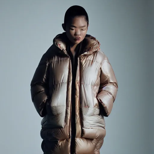 Image similar to realistic photoshooting for a new balenciaga lookbook, color film photography, portrait of a blonde asian woman, model wearing a puffer jacket, photo in style of tyler mitchell, 3 5 mm,