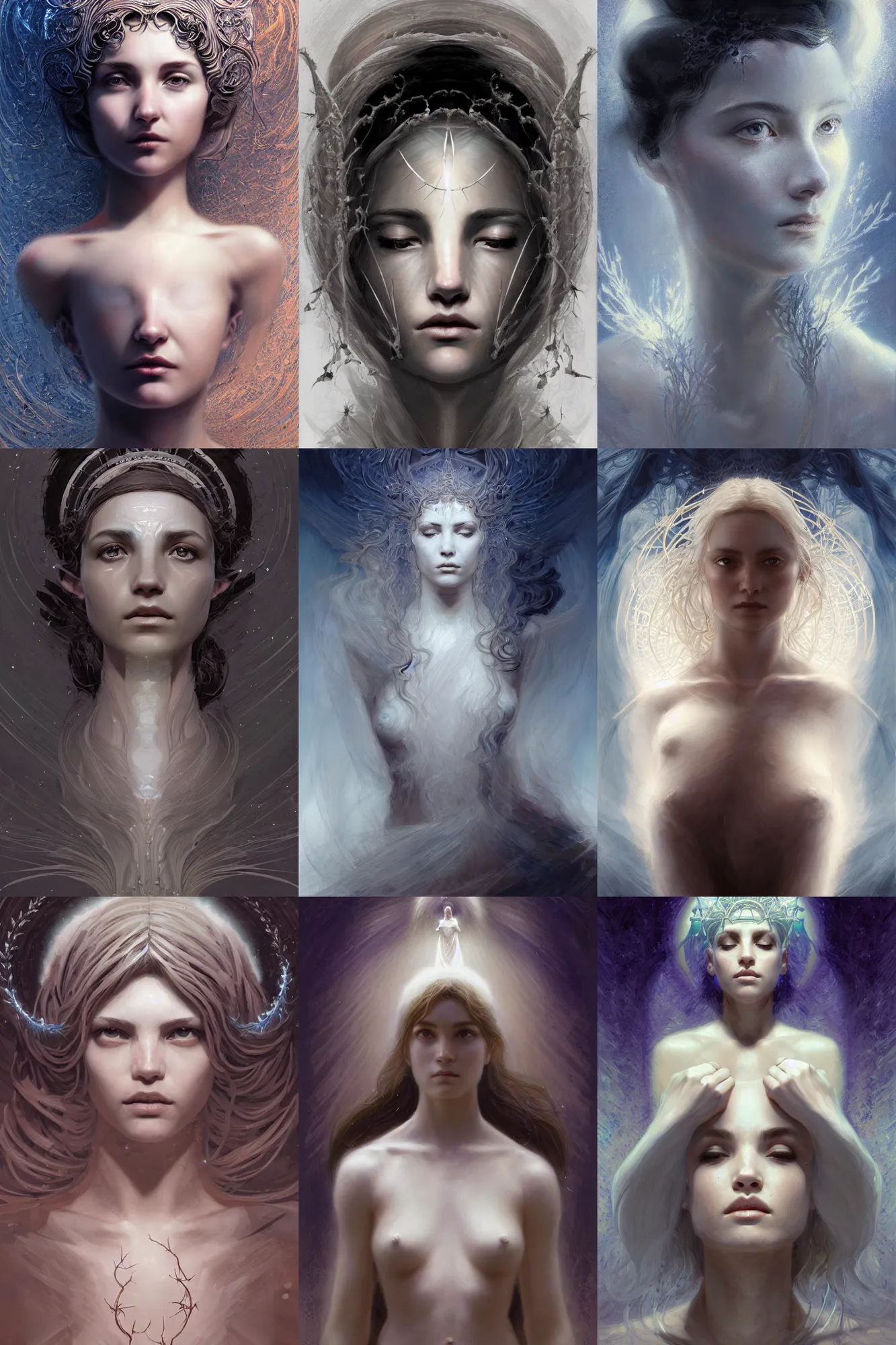 Prompt: portrait of the goddess of purity : : 1, celestial hair made out of thorn : : 2, ultra - detailed, symmetrical and centered composition, eerie, the style of craig mullins and james jean, de - noise, 8 k