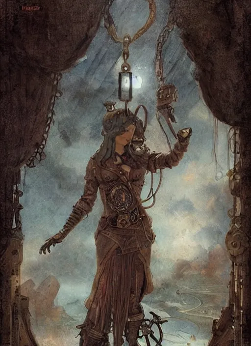 Prompt: highly detailed steampunk woman standing on a mechanism : leonardo da vinci, greg rutkowski, magali villeneuve