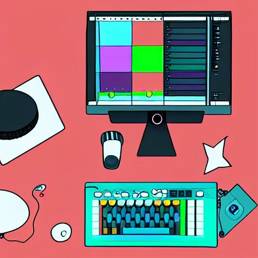 Image similar to trending on art station, cartoon music production bedroom, led music gear on desk, ableton push 2