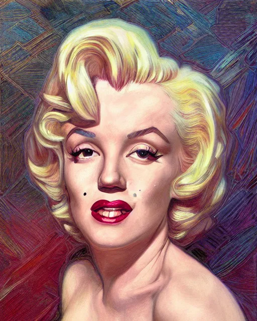 Prompt: portrait of Marilyn Monroe by Mandy Jurgens and Richard Schmid and chuck close and mucha