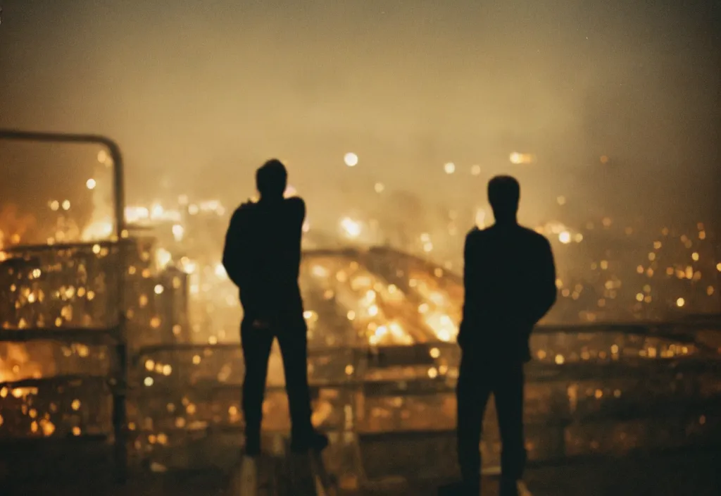 Image similar to lomo photo of a man standing on top of a burning bridge, cinestill, bokeh, out of focus, night, dramatic lighting