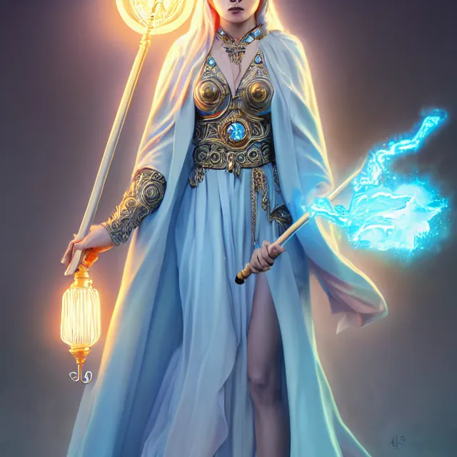 Image similar to beautiful elemental electric witch with ornate light blue robes and staff, highly detailed, 4 k, hdr, smooth, sharp focus, high resolution, award - winning photo, artgerm, photorealistic
