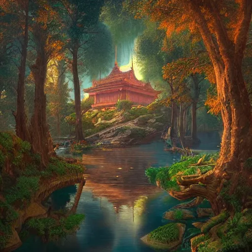 Image similar to A beautiful hyper realistic detailed matte painting of a phoenix temple nestled in forest next to a lake, artwork by John Howe and Albert Bierstadt and Alena Aenami and dan mumford and dave noton, unreal engine, trending on behance