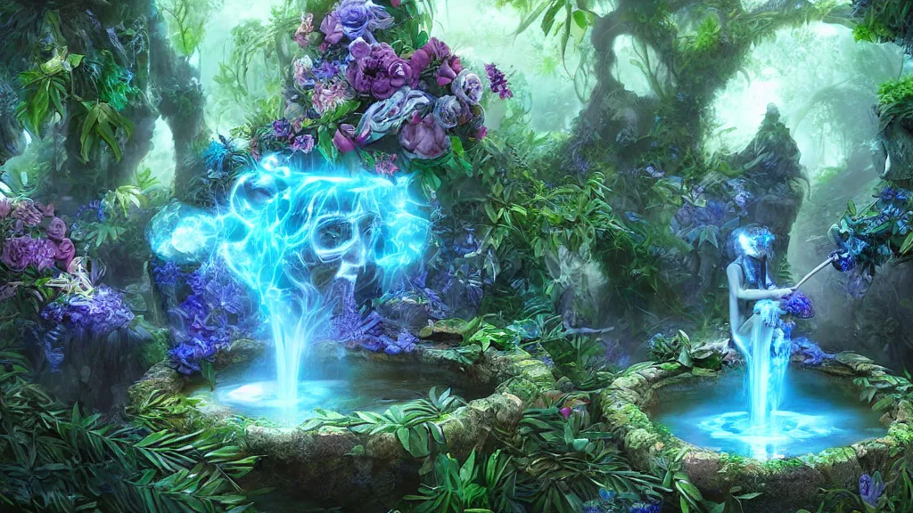 Prompt: immortality fountain, well, in the jungle. bloom, blue lighting. fantasy, digital painting, hd, hyper detailed.
