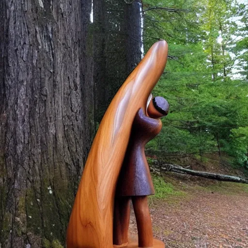 Image similar to wooden sculpture of a woman catching a salmon, polished maple, thoughtful, elegant, real