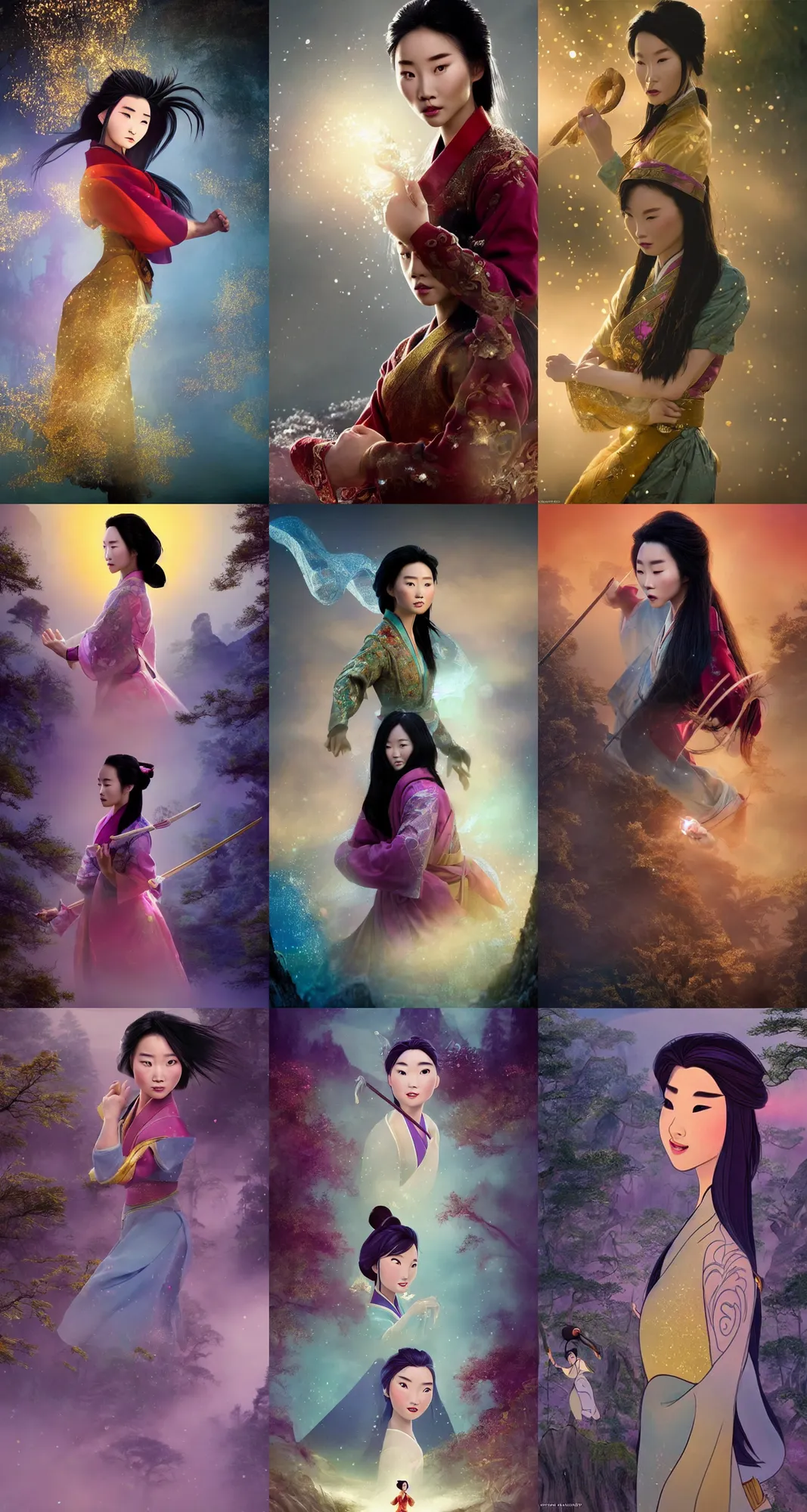 Prompt: Beautiful!!! realistic cinematic stills of Mulan from Disney's Mulan, full-body, dynamic poses, mystical forest lagoon, glowing glittery dust in the air, twilight, sunset, gloomy, eerie atmosphere, dynamic pose, ornate attire, intricate gold and crystal jewelry, diaphanous iridescent cloth, cinematic lighting, god rays, volumetric fog, bloom, by Alphonse Mucha, by Bouguereau, by Rubens, by Luis Ricardo Falero, fantasy, portfolio illustration, highly detailed, trending on Artstation, CGsociety, HQ, 8k, 35mm lens, f2.8, Bokeh,