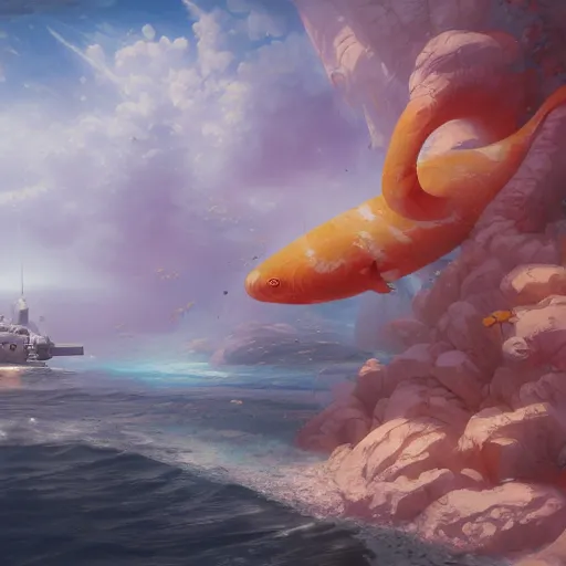 Image similar to subsurface scattering, white, giant submarine, koi colors, koi less, octane render, jesper ejsing, justin gerard, james jean, tomasz alen kopera, cgsociety, fenghua zhong, makoto shinkai, highly detailed, rim light, art, cinematic lighting, very coherent, hyper realism, 8 k