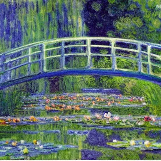 Prompt: monet's water lily bridge painted in the geometric style of picasso's portrait of henry david kahnweiler, abstract painting