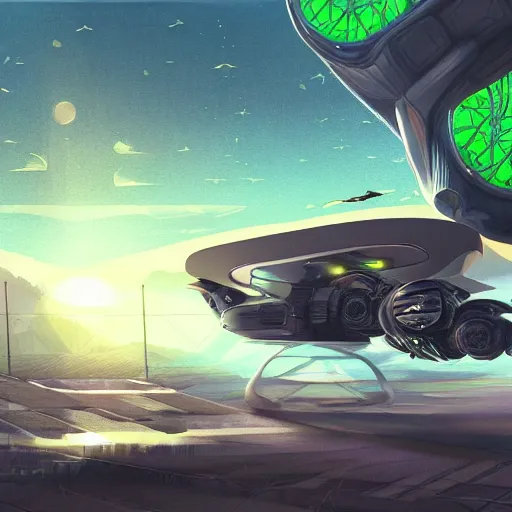 Image similar to solarpunk hovercar, clean energy, green technology, batoidea shape, airspace, sunny day, futurism, intricate, engines, glow, highly detailed, peaceful, utopia, bright, digital painting, artstation, concept art, smooth, sharp focus, epic landscape, art by akihiko yoshida and tim mcburnie and anato finnstark