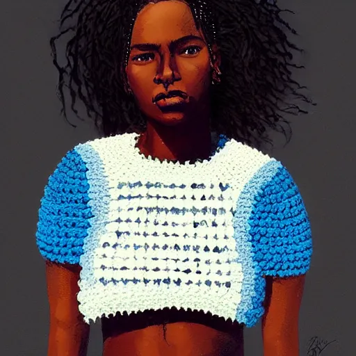 Image similar to A black woman with blue and brown ombre hair wearing a crocheted crop-top, illustrated by Greg Rutkowski, photorealistic portrait, trending on artstation, artstationHQ, artstationHD, dappled lighting,