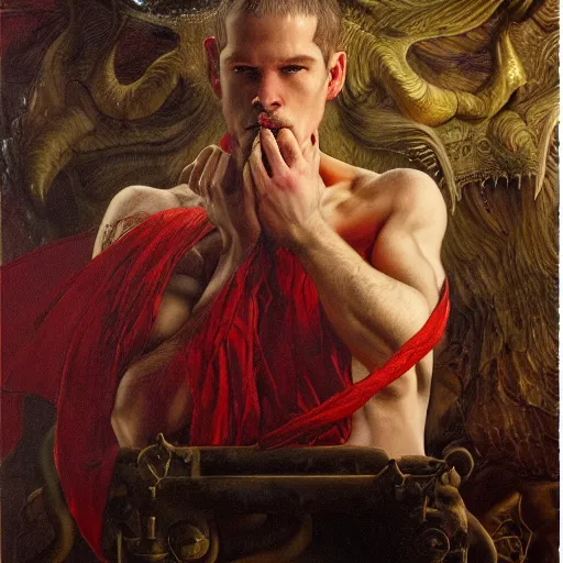 Image similar to the red dragon | highly detailed oil painting, hyperrealistic, very intrincate | cinematic lighting, award - winning | by roberto ferri, gustav klimt, william waterhouse and tom bagshaw | by austin osman spare and william blake, trending on artstation, cgsociety, official art, octane.