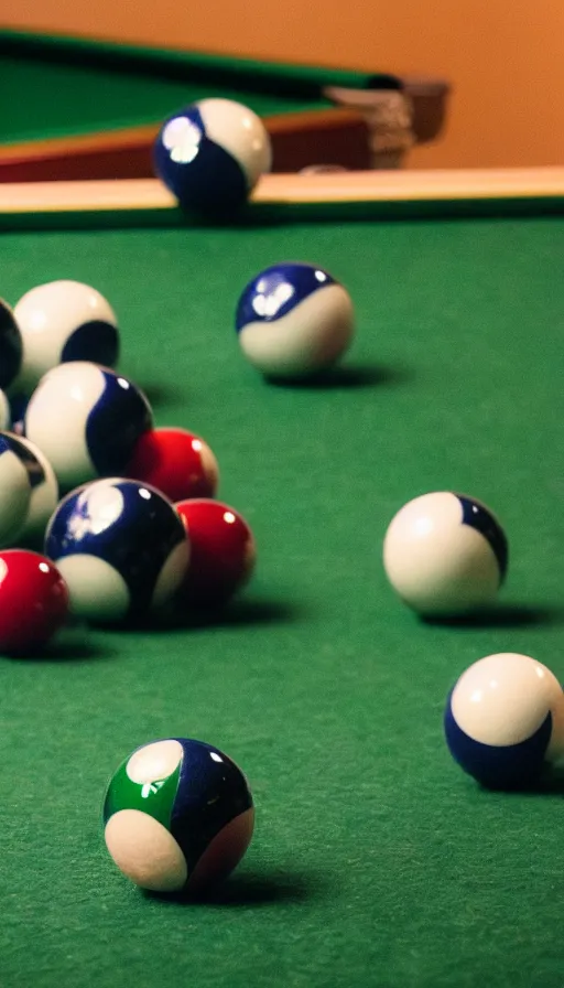 Image similar to ultra realistic billiard ball on green felt pool table with reflection of face, ray tracing, ultra detail, low depth of field, 5 0 mm camera