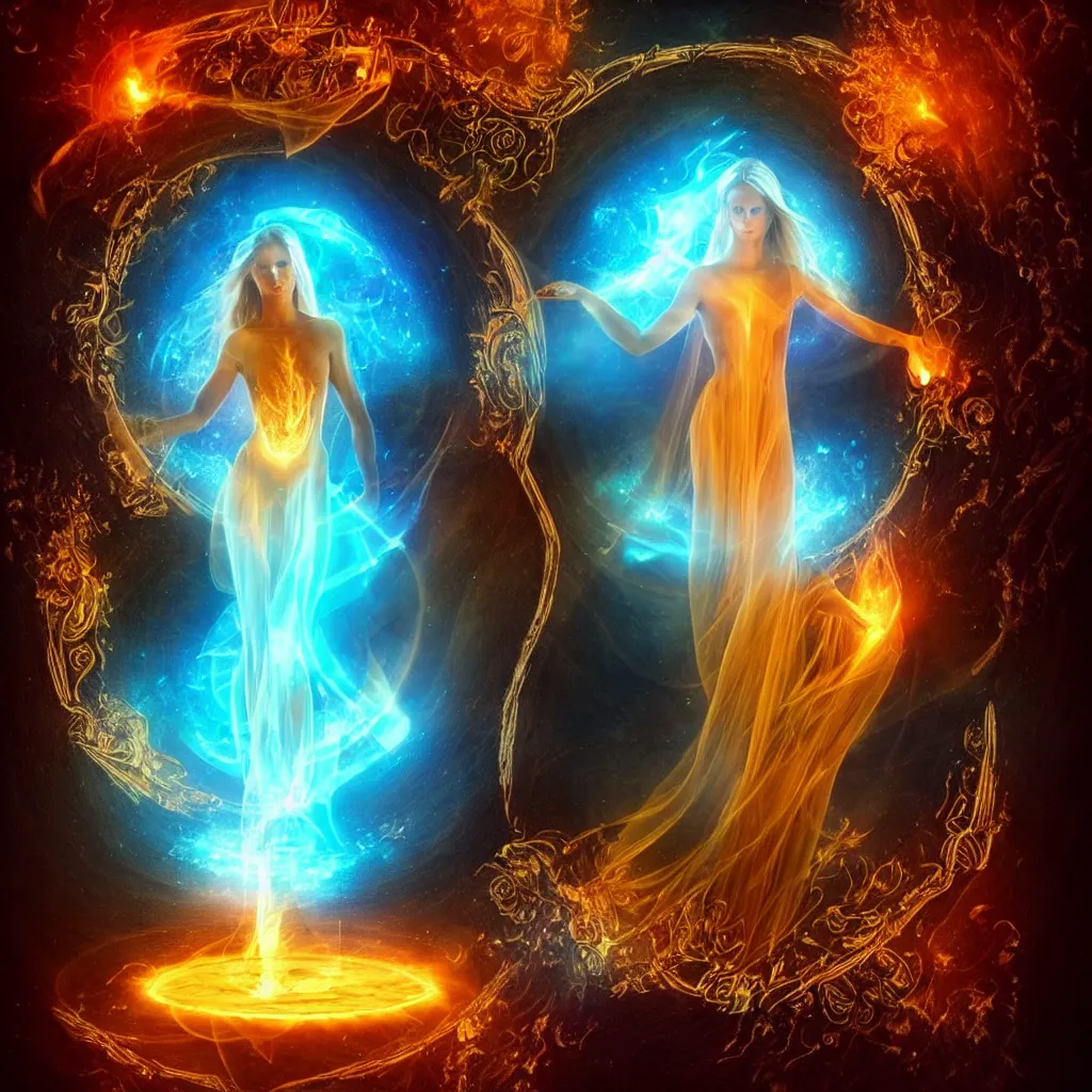 Prompt: goddes of fire, beautiful, stunning, breathtaking, mirrors, glass, magic circle, magic doorway, fantasy, mist, bioluminescence