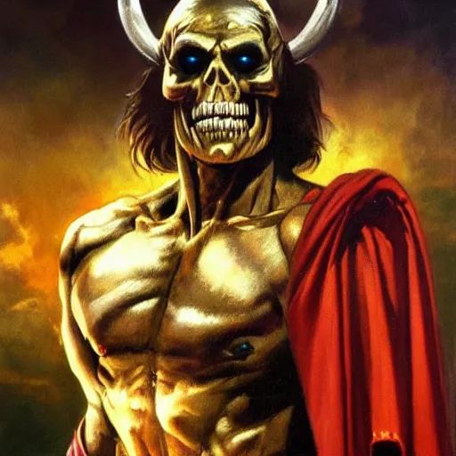 Image similar to ultra realistic portrait painting of skeletor as thor, art by frank frazetta, 4 k, ultra realistic, highly detailed, epic lighting