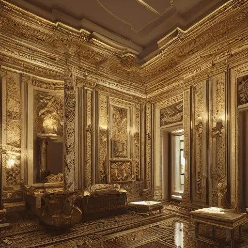 Image similar to luxurious interior palace, hyperdetailed, raytracing, octane render