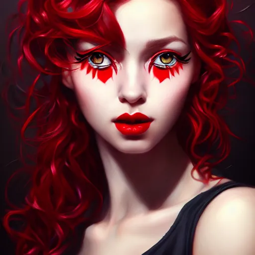 Image similar to a realistic illustration portrait of a beautiful cute girl with curly black and red hair, a pointy nose and, round chin black eyeliner, trending on artstation, hyper - realistic lighting, intricate, ross tran