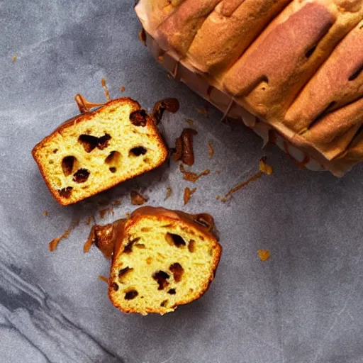 Prompt: A panettone with caramel clusters instead of orange peel