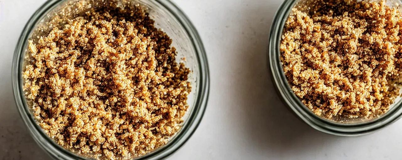 Prompt: empty jar sitting in a big bowl of breadcrumbs