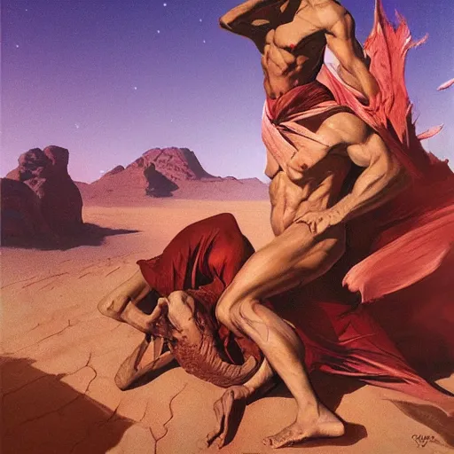 Image similar to Silk sheet desert baleful covenant Bedouin under crimson azure diamond sky, in the style of Frank Frazetta, Jeff Easley, Caravaggio, extremely clear faces coherent, clear lines, 8K revolution