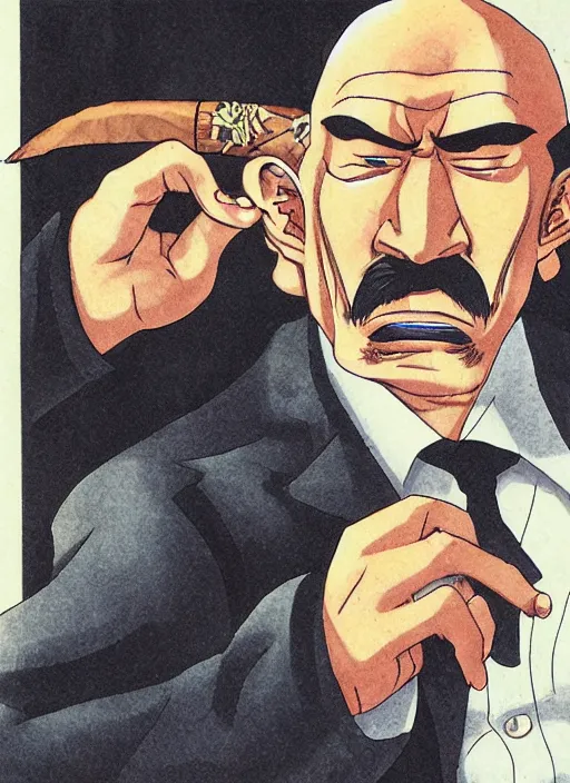 Image similar to heihachi dressed formally, smoking a cigar in the style of keisuke itagaki, manga illustration