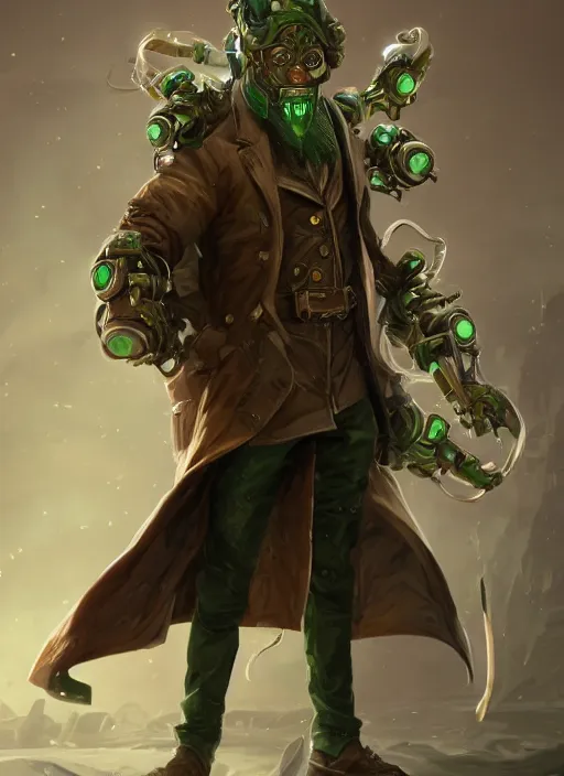 Image similar to a highly detailed illustration of thick wavy brown haired young white guy wearing brown detective trench coat and wearing green face mask, with many mechanical arms on his back, dramatic hands in pocket standing pose, intricate, elegant, highly detailed, centered, digital painting, artstation, concept art, smooth, sharp focus, league of legends concept art, WLOP