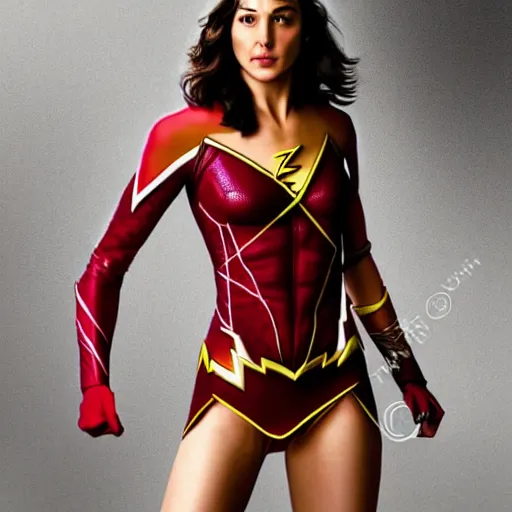 Image similar to an potrait of gal Gadot cast of movie the flash and wearing a flash suit, photorealistic high detail, full body shot.