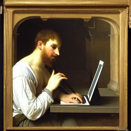 Image similar to an oil painting of an man playing a laptop, 1576 , by Bouguereau, highly detailed and intricate,